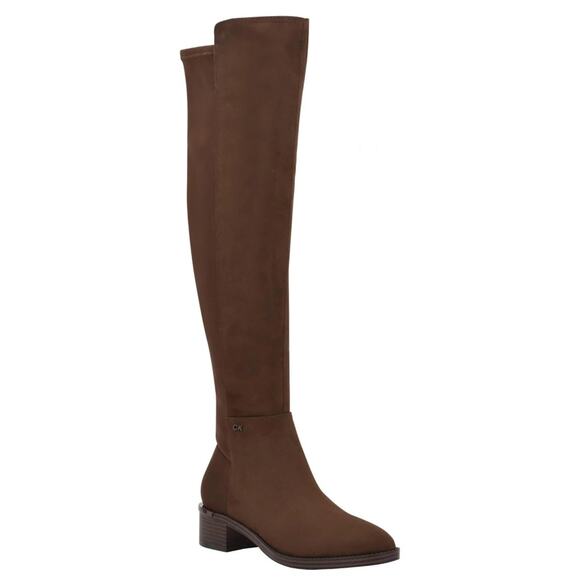CALVIN KLEIN DEEDEE FAUX SUEDE‎ OVER THE KNEE BOOTS IN MEDIUM BROWN NWOB SIZE 8M - Picture 1 of 15